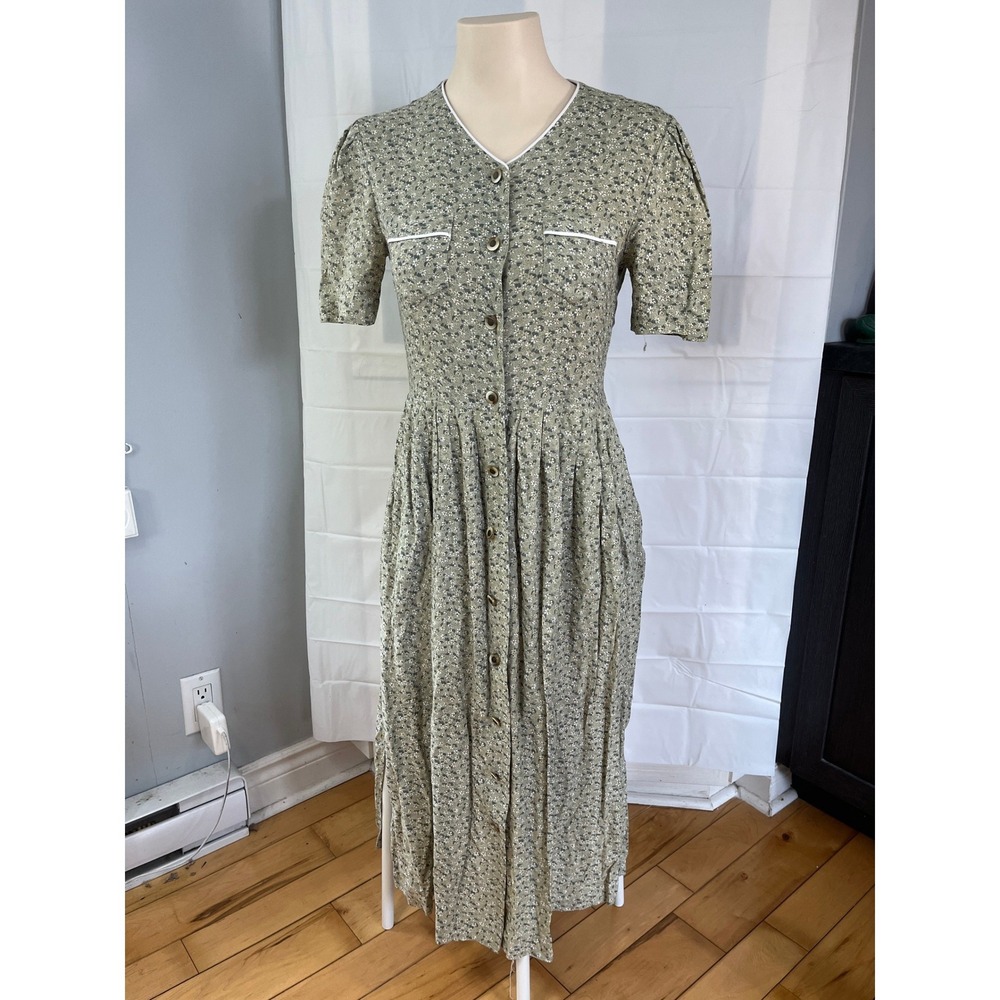 Vintage Marie Claire Sage Green Ditsy Floral Button Front Midi Dress Puff Sleeve
